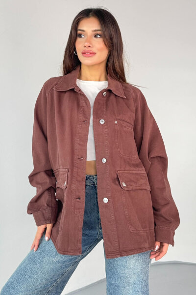 CKT-2829 Kahverengi Oversize Cep Detaylı Denim Ceket - 1