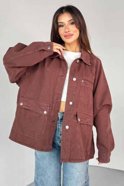 CKT-2829 Kahverengi Oversize Cep Detaylı Denim Ceket - 7