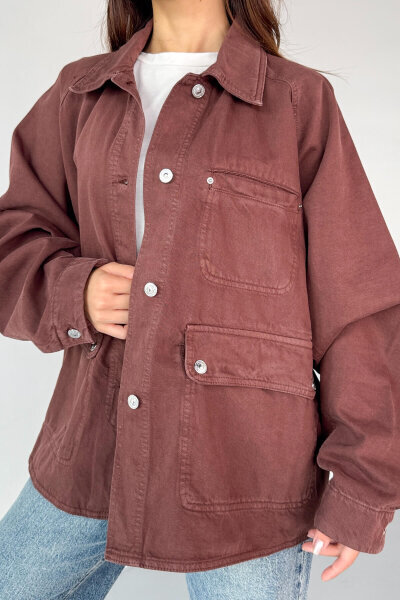 CKT-2829 Kahverengi Oversize Cep Detaylı Denim Ceket - 6
