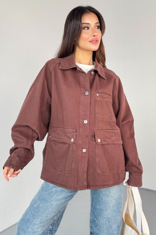 CKT-2829 Kahverengi Oversize Cep Detaylı Denim Ceket - 8
