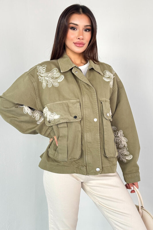 CKT-2831 Haki Cep Kapaklı Kontrast Nakışlı Denim Ceket - 2