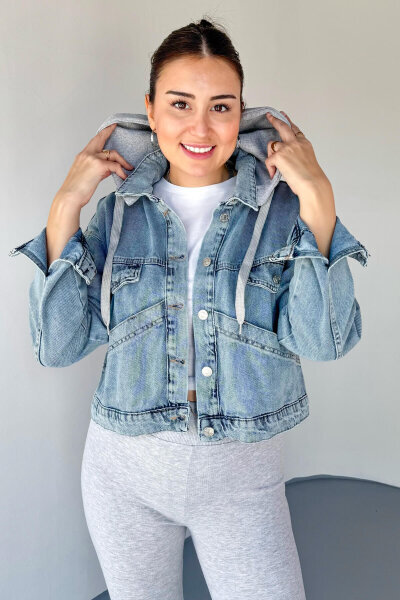 CKT-3036 Mavi Çıkarılabilir Gri Kapüşon Detaylı Cepli Denim Ceket - 1