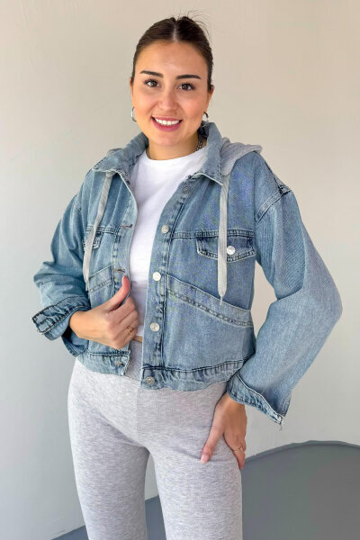 CKT-3036 Mavi Çıkarılabilir Gri Kapüşon Detaylı Cepli Denim Ceket - 2