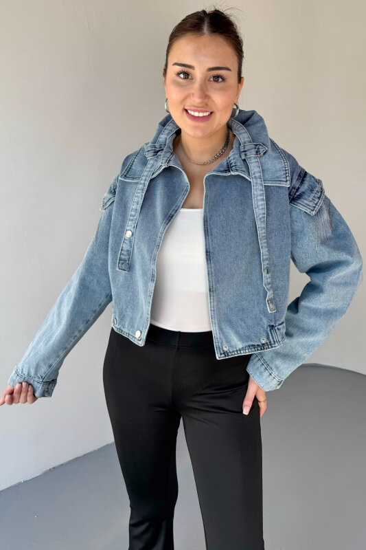 CKT-3056 Açık Mavi Omuz Püsküllü Yaka Detaylı Denim Ceket - 4