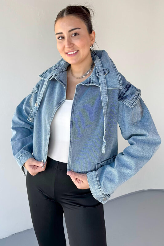 CKT-3056 Açık Mavi Omuz Püsküllü Yaka Detaylı Denim Ceket - 2