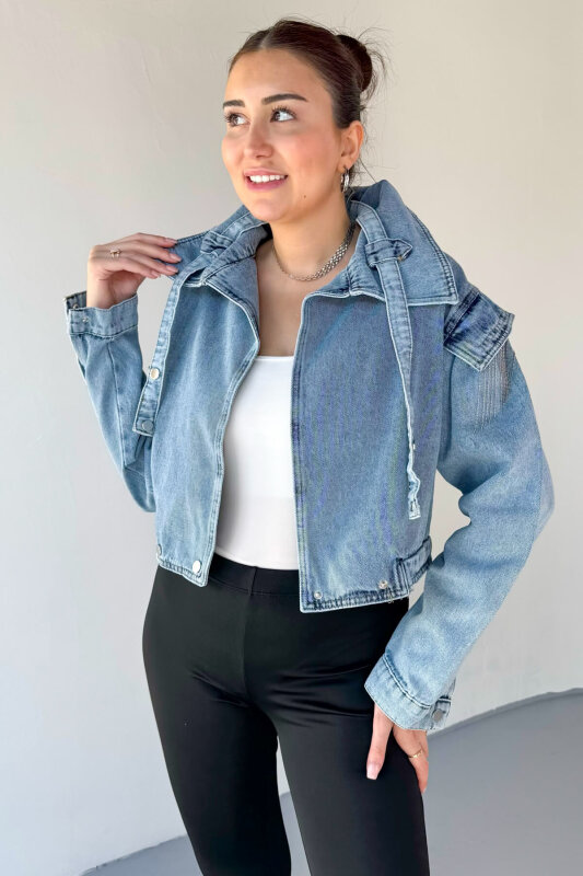 CKT-3056 Açık Mavi Omuz Püsküllü Yaka Detaylı Denim Ceket - 1