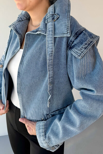 CKT-3056 Açık Mavi Omuz Püsküllü Yaka Detaylı Denim Ceket - 3