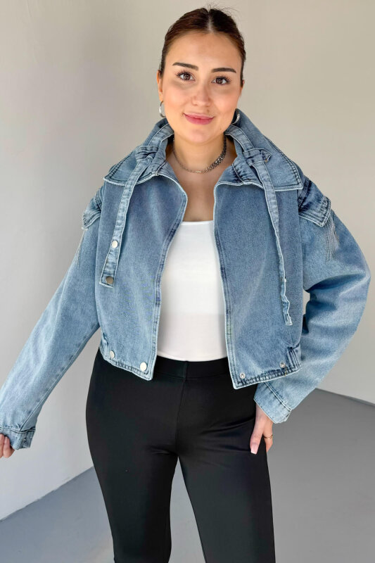 CKT-3056 Açık Mavi Omuz Püsküllü Yaka Detaylı Denim Ceket - 6