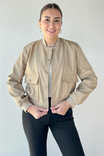 CKT-3097 Krem Cep Detaylı Astarlı Çıtçıtlı Crop Bomber Ceket - 4