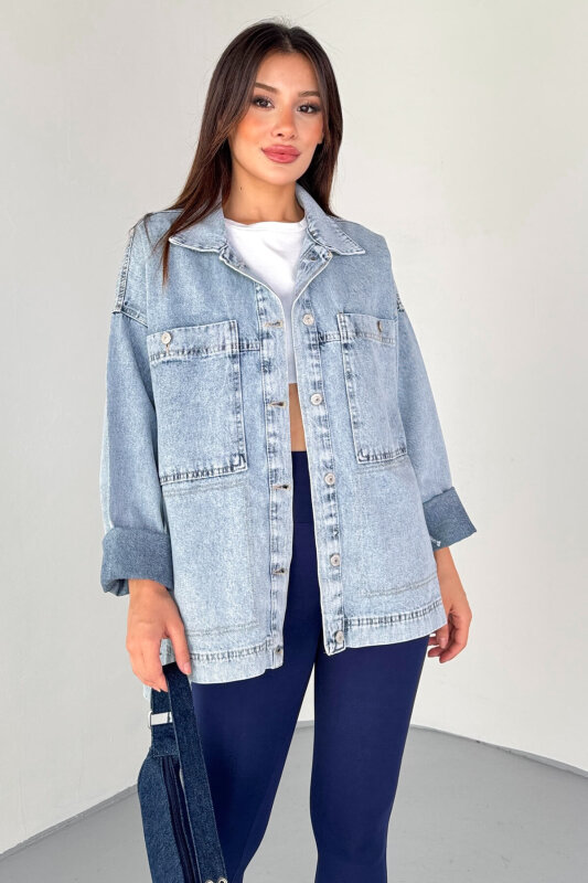 CKT-3474 Açık Mavi Yan Bağlama Detaylı Oversize Denim Gömlek Ceket - 3