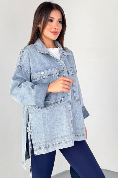 CKT-3474 Açık Mavi Yan Bağlama Detaylı Oversize Denim Gömlek Ceket - 2