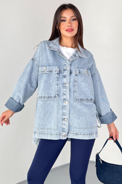 CKT-3474 Açık Mavi Yan Bağlama Detaylı Oversize Denim Gömlek Ceket - 5