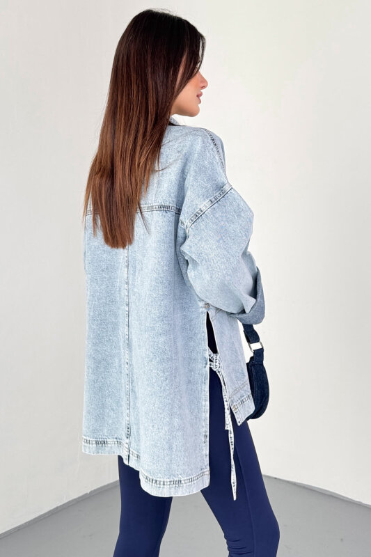 CKT-3474 Açık Mavi Yan Bağlama Detaylı Oversize Denim Gömlek Ceket - 6
