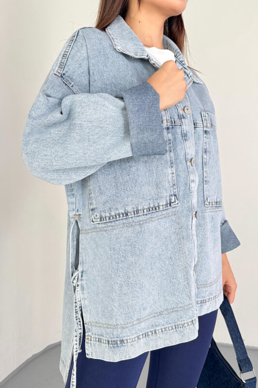 CKT-3474 Açık Mavi Yan Bağlama Detaylı Oversize Denim Gömlek Ceket - 4