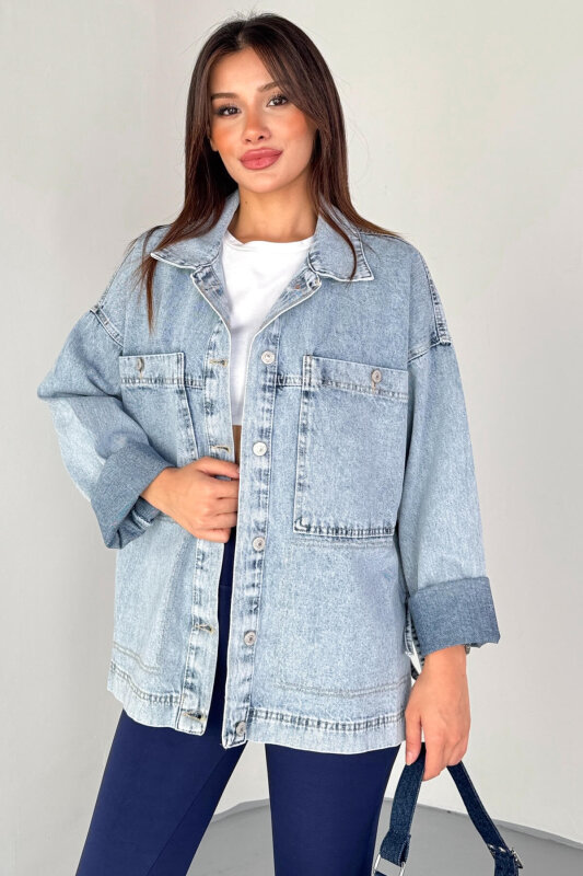 CKT-3474 Açık Mavi Yan Bağlama Detaylı Oversize Denim Gömlek Ceket - 1