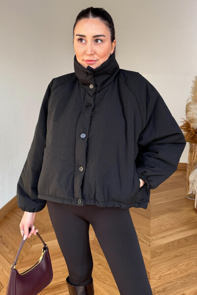 CKT-36882 Siyah Oversize Dik Yaka Çıtçıt ve Düğmeli Şişme Mont - 3