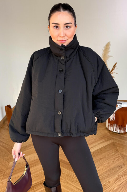 CKT-36882 Siyah Oversize Dik Yaka Çıtçıt ve Düğmeli Şişme Mont - 4