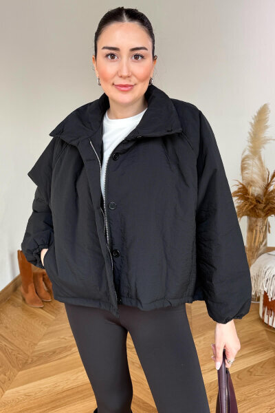 CKT-36882 Siyah Oversize Dik Yaka Çıtçıt ve Düğmeli Şişme Mont - 6