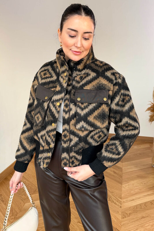 CKT-36908 Vizon Etnik Desenli Garnili Bomber Mont - 1