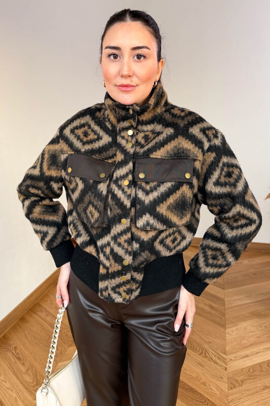 CKT-36908 Vizon Etnik Desenli Garnili Bomber Mont - 4