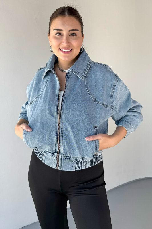 CKT-6051 Açık Mavi Bel Büzgülü Fermuarlı Crop Denim Ceket - 3