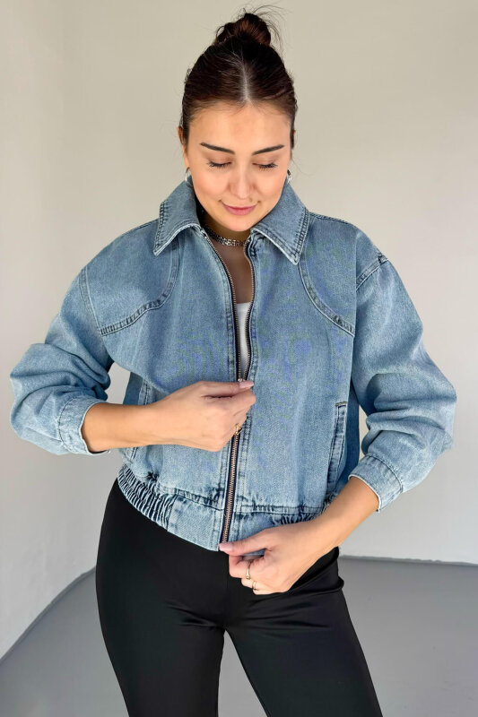 CKT-6051 Açık Mavi Bel Büzgülü Fermuarlı Crop Denim Ceket - 2