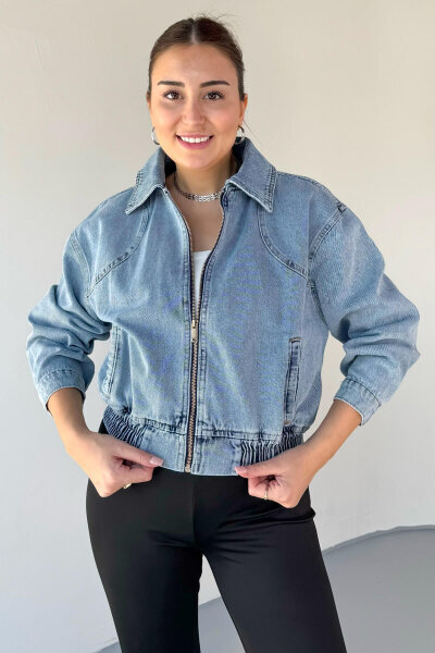 CKT-6051 Açık Mavi Bel Büzgülü Fermuarlı Crop Denim Ceket - 1