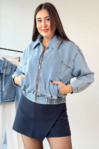 CKT-6051 Açık Mavi Bel Büzgülü Fermuarlı Crop Denim Ceket - Cappmoda (1)