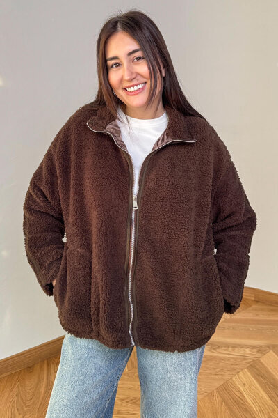 CKT-7020 Acı Kahve Fermuarlı Astarlı Oversize Peluş Mont - Cappmoda (1)