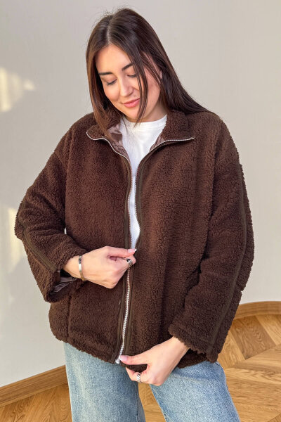 CKT-7020 Acı Kahve Fermuarlı Astarlı Oversize Peluş Mont - Cappmoda