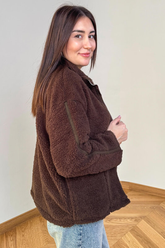 CKT-7020 Acı Kahve Fermuarlı Astarlı Oversize Peluş Mont - 3
