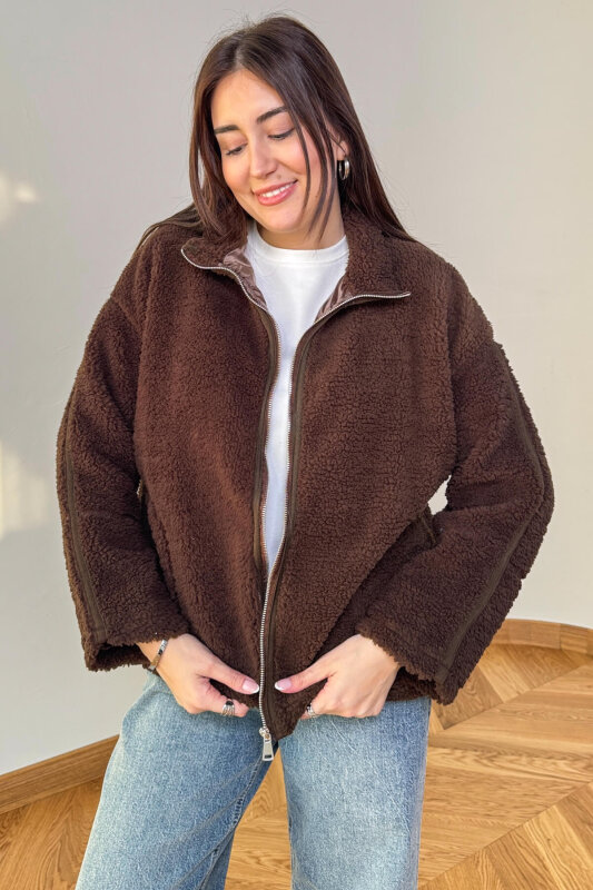 CKT-7020 Acı Kahve Fermuarlı Astarlı Oversize Peluş Mont - 4