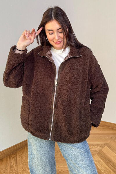 CKT-7020 Acı Kahve Fermuarlı Astarlı Oversize Peluş Mont - 5