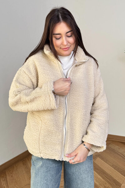 CKT-7020 Krem Fermuarlı Astarlı Oversize Peluş Mont - 3