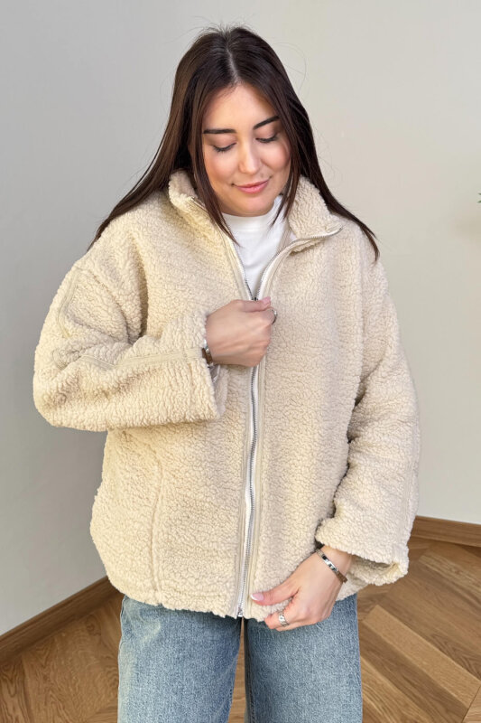 CKT-7020 Krem Fermuarlı Astarlı Oversize Peluş Mont - 3