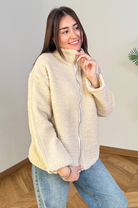 CKT-7020 Krem Fermuarlı Astarlı Oversize Peluş Mont - 4