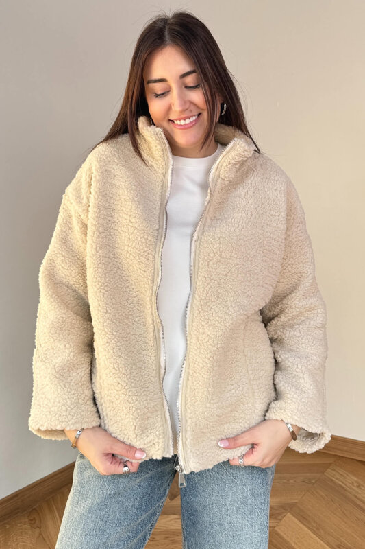 CKT-7020 Krem Fermuarlı Astarlı Oversize Peluş Mont - 2