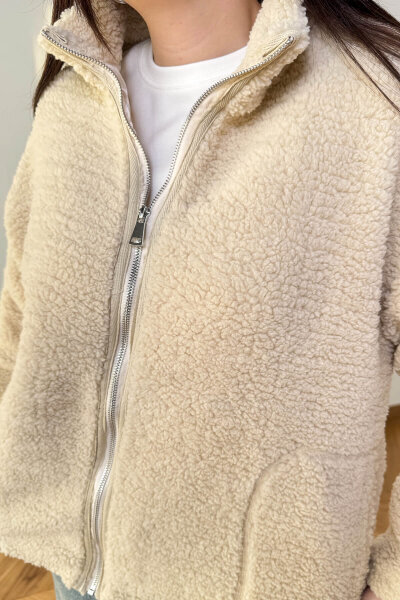 CKT-7020 Krem Fermuarlı Astarlı Oversize Peluş Mont - 6