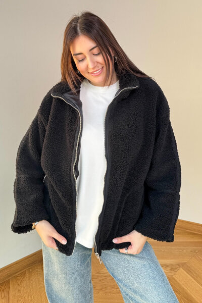 CKT-7020 Siyah Fermuarlı Astarlı Oversize Peluş Mont - Cappmoda