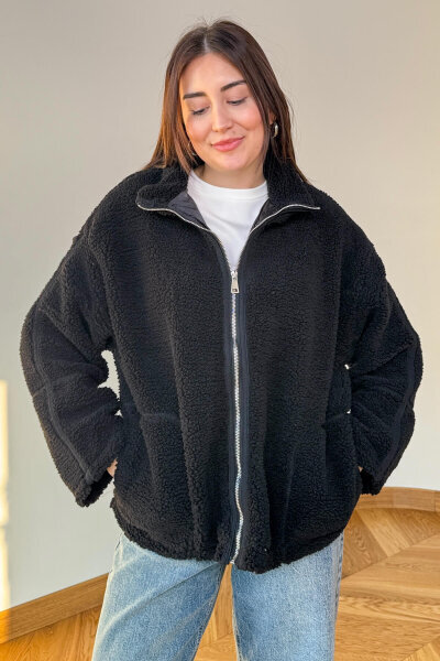 CKT-7020 Siyah Fermuarlı Astarlı Oversize Peluş Mont - 5