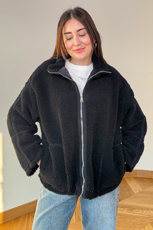 CKT-7020 Siyah Fermuarlı Astarlı Oversize Peluş Mont - 5