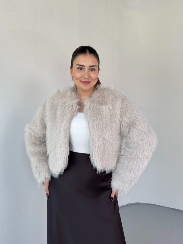 CKT-7023 Ekru Astarlı Uzun Tüylü Crop Kürk Mont - 4