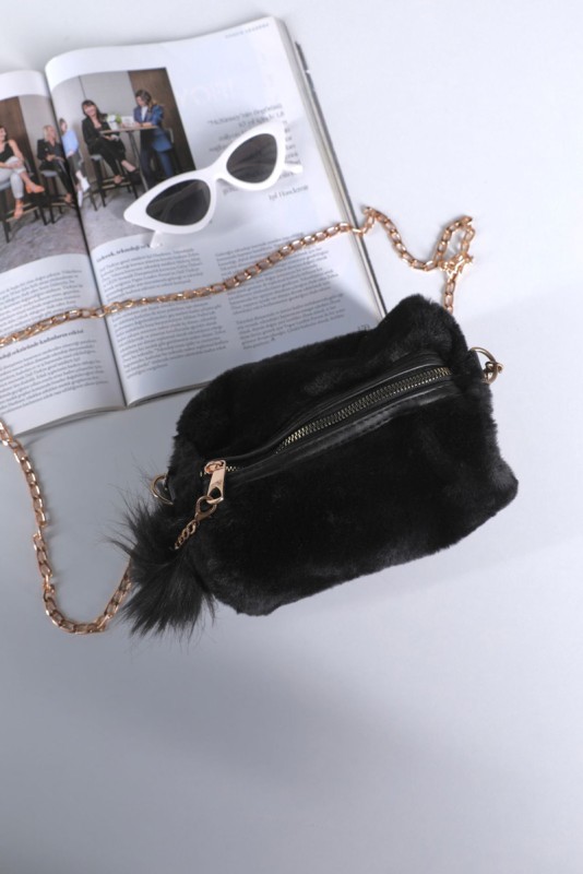 CNT-18054 Siyah Ponponlu Peluş Çanta - 1