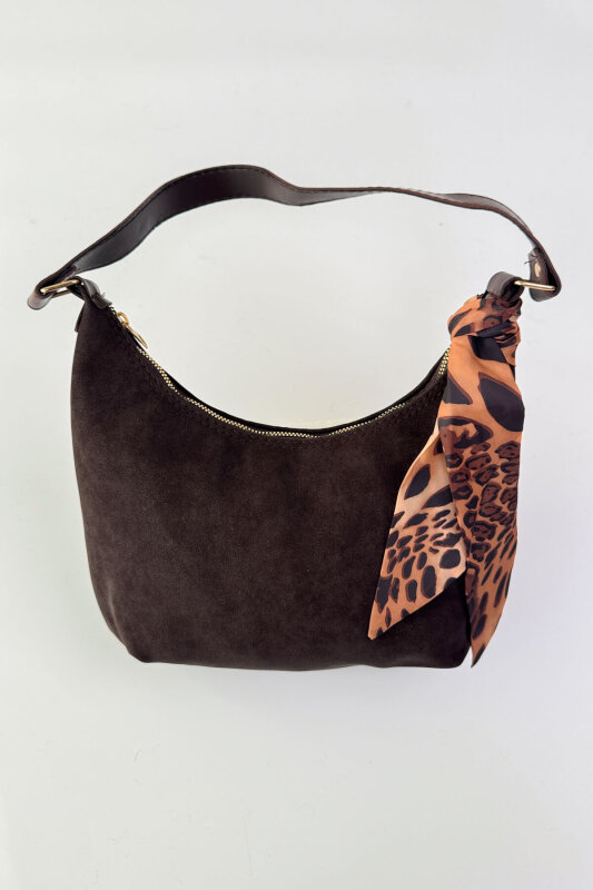 ÇNT-3039 Acı Kahve Süet Fular Detaylı Fermuarlı Omuz Çantası - 1