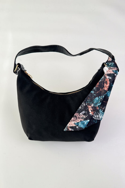 ÇNT-3039 Siyah Süet Fular Detaylı Fermuarlı Omuz Çantası - 1