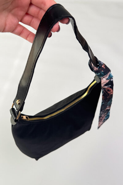 ÇNT-3039 Siyah Süet Fular Detaylı Fermuarlı Omuz Çantası - 3