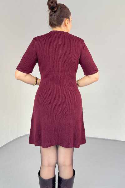 ELB-0159 Bordo Gold Düğme Detaylı Triko Elbise - 3
