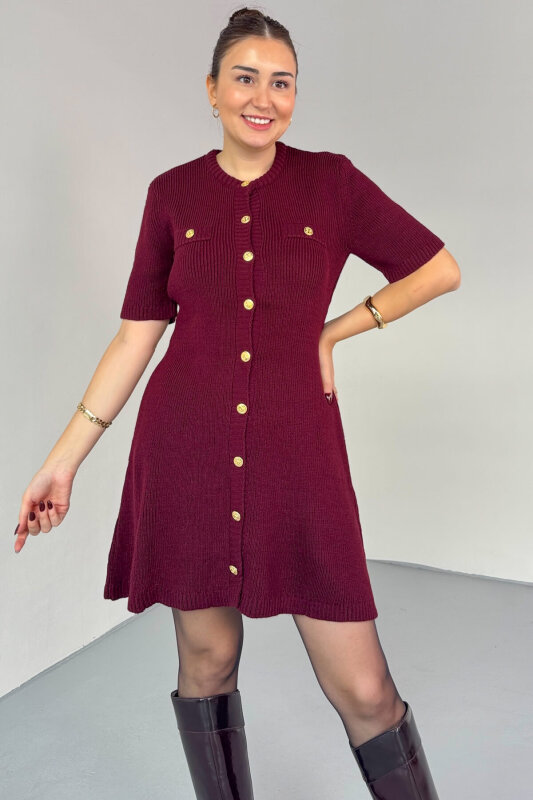 ELB-0159 Bordo Gold Düğme Detaylı Triko Elbise - 1