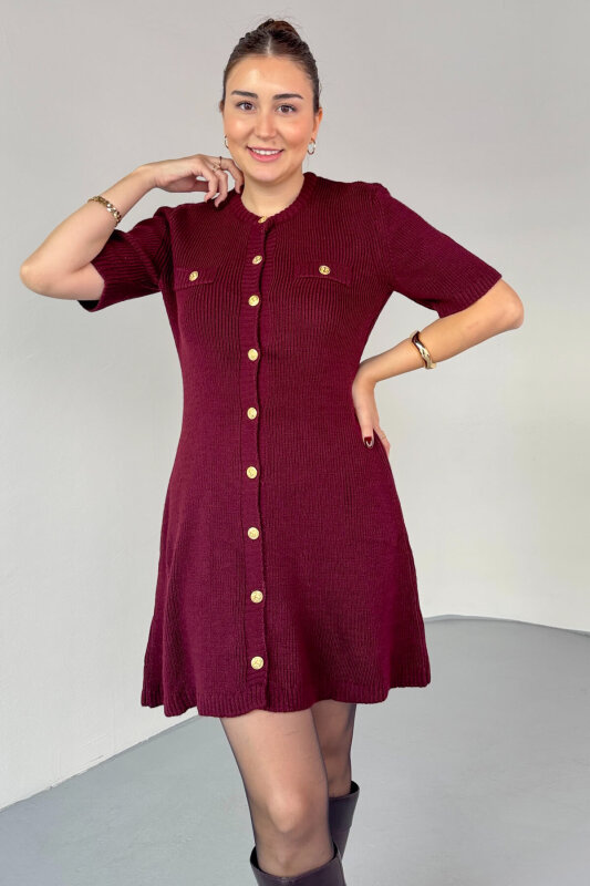 ELB-0159 Bordo Gold Düğme Detaylı Triko Elbise - 2
