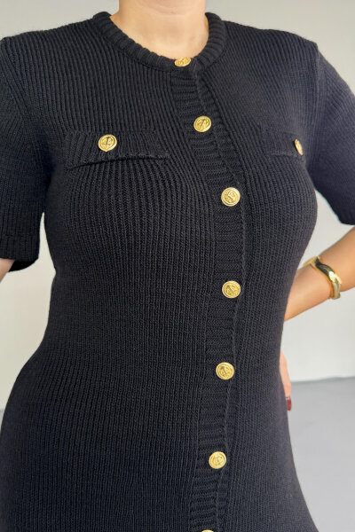ELB-0159 Siyah Gold Düğme Detaylı Triko Elbise - 2